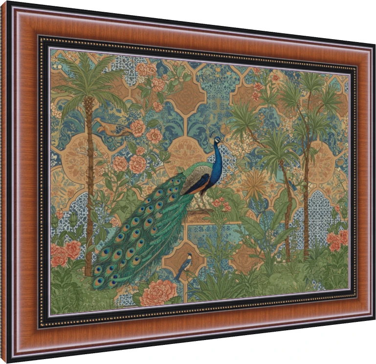 A majestic peacock stands in a lush Mughal garden with intricate teal and ochre archways and palm trees. — photo frame preview | PrintPosters.in