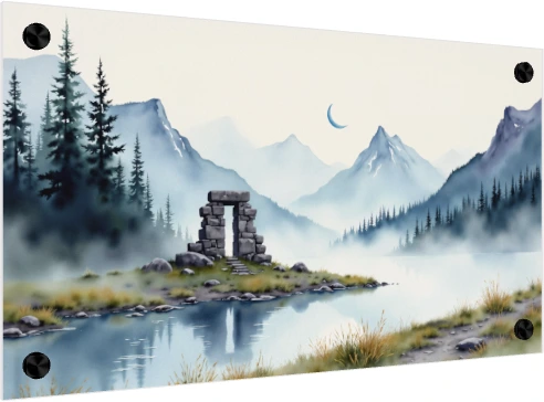 Soft watercolor painting of an ancient stone arch on a misty mountain lake shore under a crescent moon. — acrylic preview | PrintPosters.in