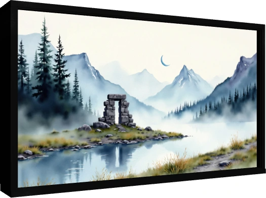 Soft watercolor painting of an ancient stone arch on a misty mountain lake shore under a crescent moon. — floater frame preview | PrintPosters.in