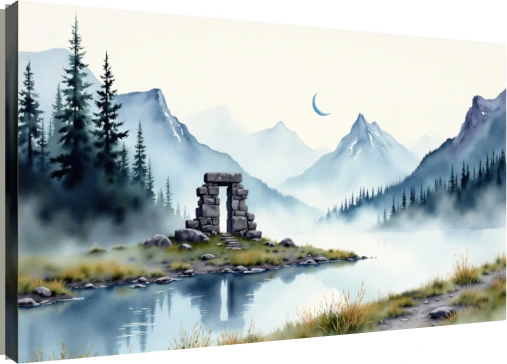 Soft watercolor painting of an ancient stone arch on a misty mountain lake shore under a crescent moon. | PrintPosters.in