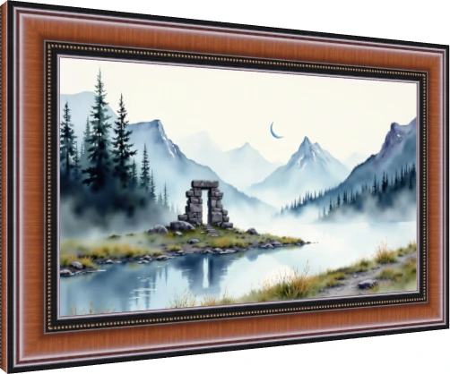 Soft watercolor painting of an ancient stone arch on a misty mountain lake shore under a crescent moon. — photo frame preview | PrintPosters.in