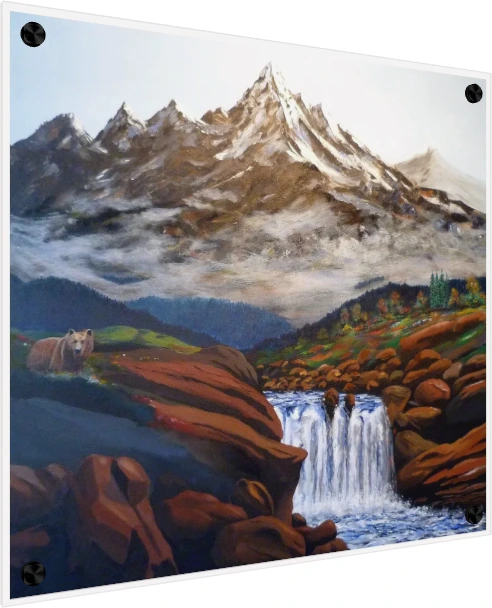 Mountain Waterfall and Bear Oil Painting — acrylic preview | PrintPosters.in