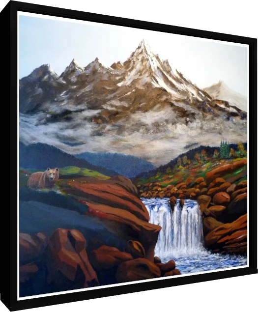 Mountain Waterfall and Bear Oil Painting — floater frame preview | PrintPosters.in