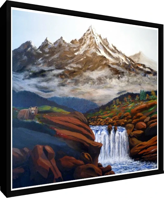 Oil painting of a snow-peaked mountain summit, mist, cascading waterfall over reddish rocks, and a brown bear. — floater frame preview | PrintPosters.in