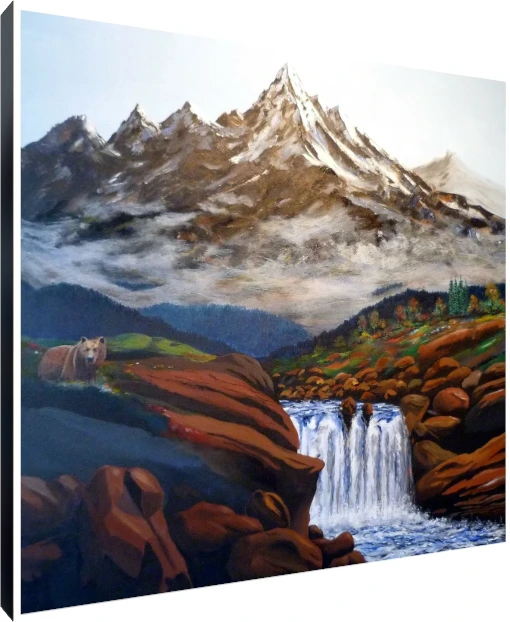 Oil painting of a snow-peaked mountain summit, mist, cascading waterfall over reddish rocks, and a brown bear. | PrintPosters.in