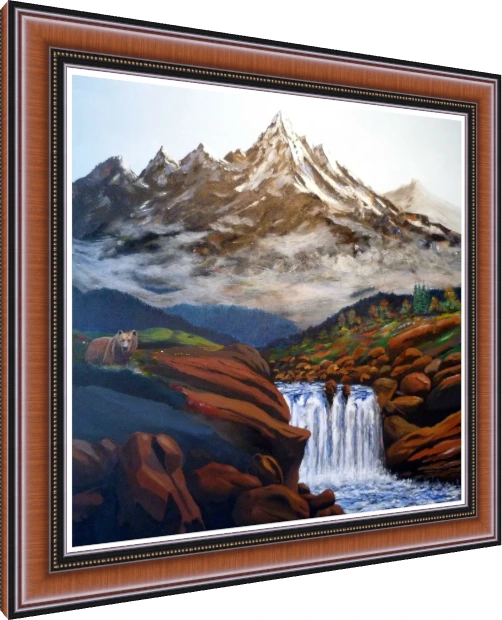 Oil painting of a snow-peaked mountain summit, mist, cascading waterfall over reddish rocks, and a brown bear. — photo frame preview | PrintPosters.in