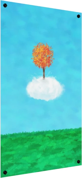 A whimsical autumn tree with orange leaves floating on a white cloud in a sky blue background above green grass. — acrylic preview | PrintPosters.in