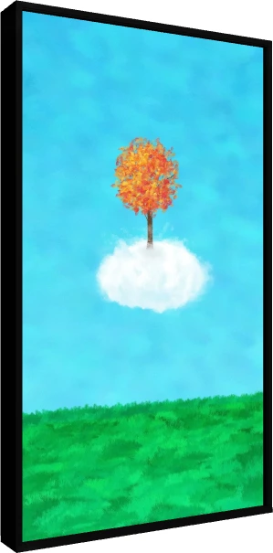 A whimsical autumn tree with orange leaves floating on a white cloud in a sky blue background above green grass. — floater frame preview | PrintPosters.in