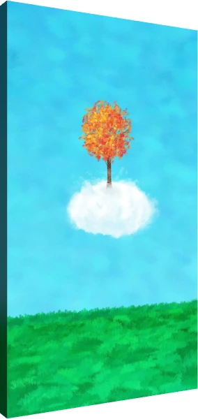 A whimsical autumn tree with orange leaves floating on a white cloud in a sky blue background above green grass. | PrintPosters.in