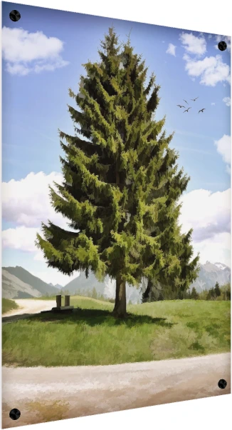 A lush green pine tree standing in a sunlit meadow with distant alpine mountains and birds flying in a blue sky. — acrylic preview | PrintPosters.in