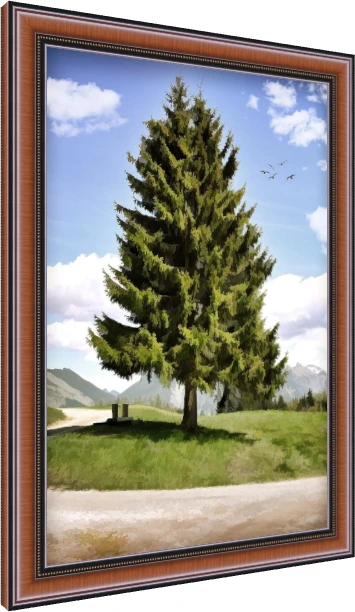 A lush green pine tree standing in a sunlit meadow with distant alpine mountains and birds flying in a blue sky. — photo frame preview | PrintPosters.in