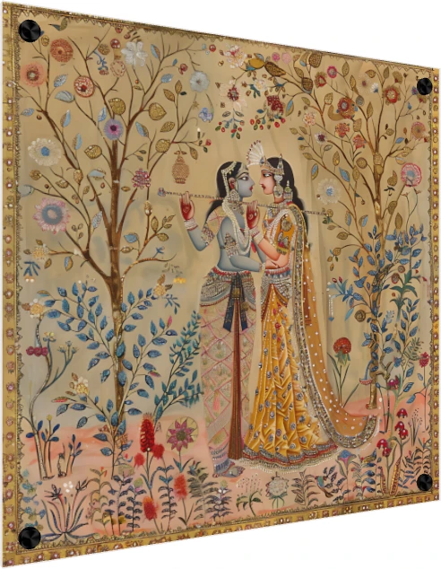 Intricate Pichwai-style painting of Radha and Krishna holding a flute in a golden blossom garden. — acrylic preview | PrintPosters.in