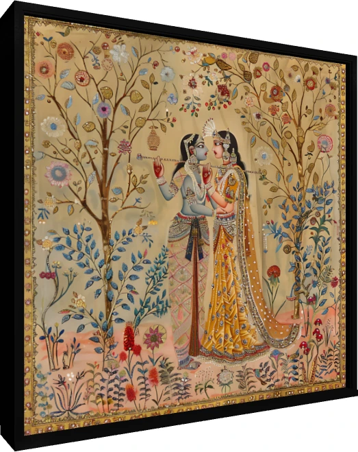 Intricate Pichwai-style painting of Radha and Krishna holding a flute in a golden blossom garden. — floater frame preview | PrintPosters.in