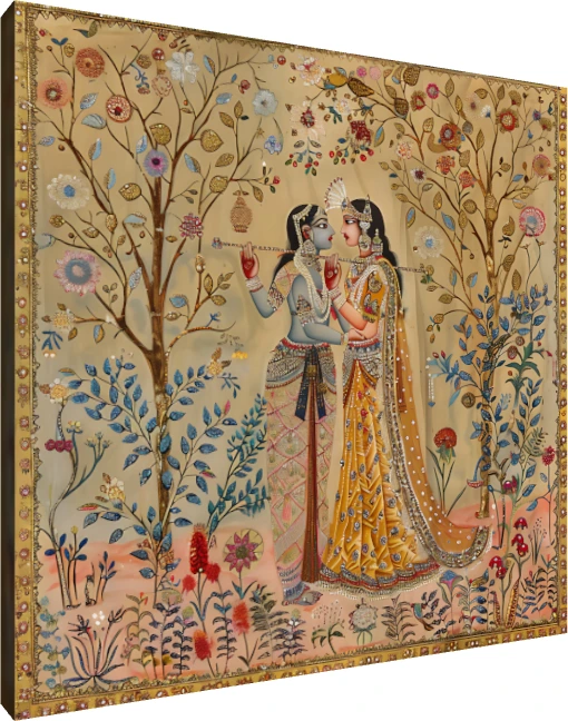 Intricate Pichwai-style painting of Radha and Krishna holding a flute in a golden blossom garden. | PrintPosters.in