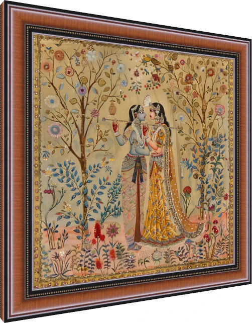 Intricate Pichwai-style painting of Radha and Krishna holding a flute in a golden blossom garden. — photo frame preview | PrintPosters.in