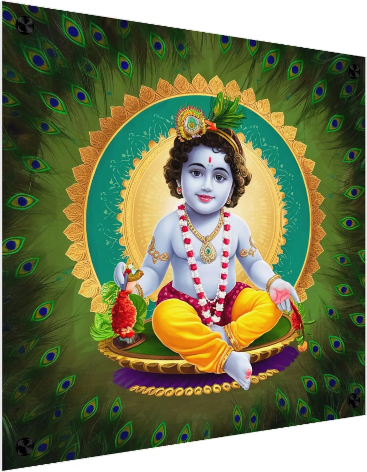 Devotional digital painting of baby Krishna sitting cross-legged inside a golden mandala surrounded by peacock feathers. — acrylic preview | PrintPosters.in