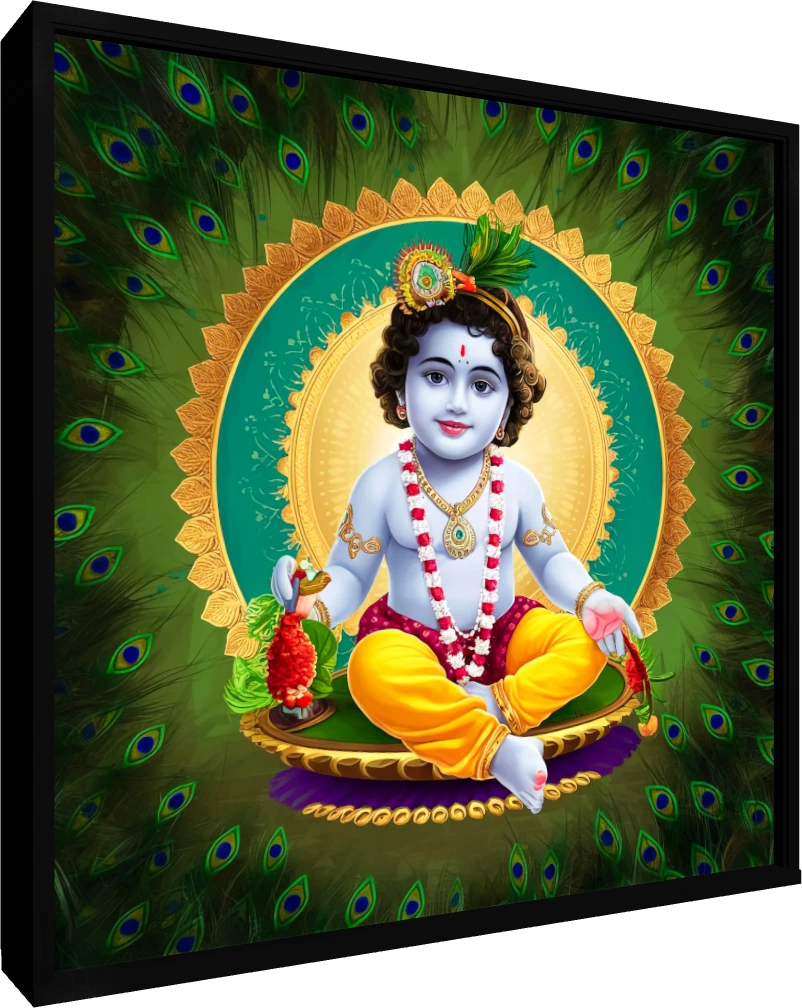 Devotional digital painting of baby Krishna sitting cross-legged inside a golden mandala surrounded by peacock feathers. — floater frame preview | PrintPosters.in