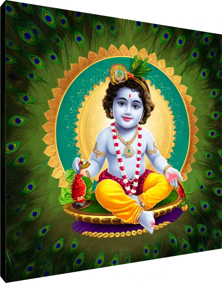 Devotional digital painting of baby Krishna sitting cross-legged inside a golden mandala surrounded by peacock feathers. | PrintPosters.in