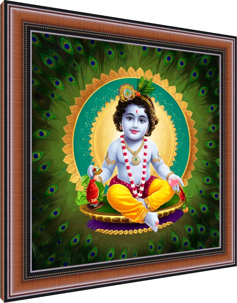 Devotional digital painting of baby Krishna sitting cross-legged inside a golden mandala surrounded by peacock feathers. — photo frame preview | PrintPosters.in