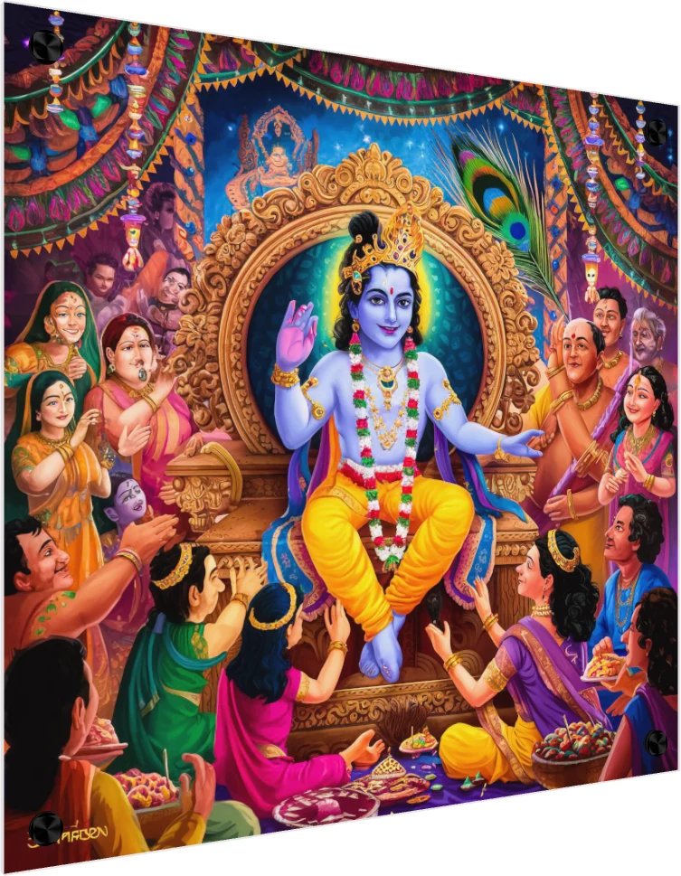 Vibrant painting of Lord Krishna seated on a golden throne, blessing surrounding devotees in Vrindavan. — acrylic preview | PrintPosters.in