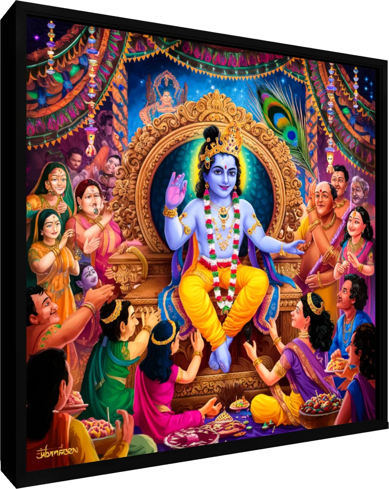 Vibrant painting of Lord Krishna seated on a golden throne, blessing surrounding devotees in Vrindavan. — floater frame preview | PrintPosters.in