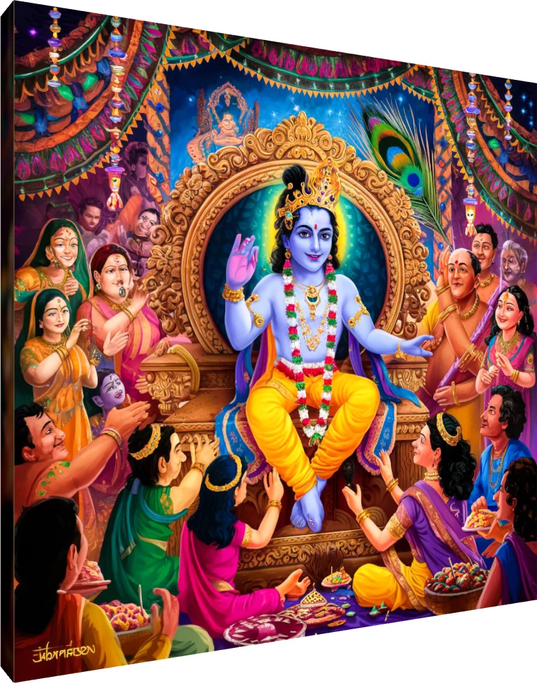 Vibrant painting of Lord Krishna seated on a golden throne, blessing surrounding devotees in Vrindavan. | PrintPosters.in