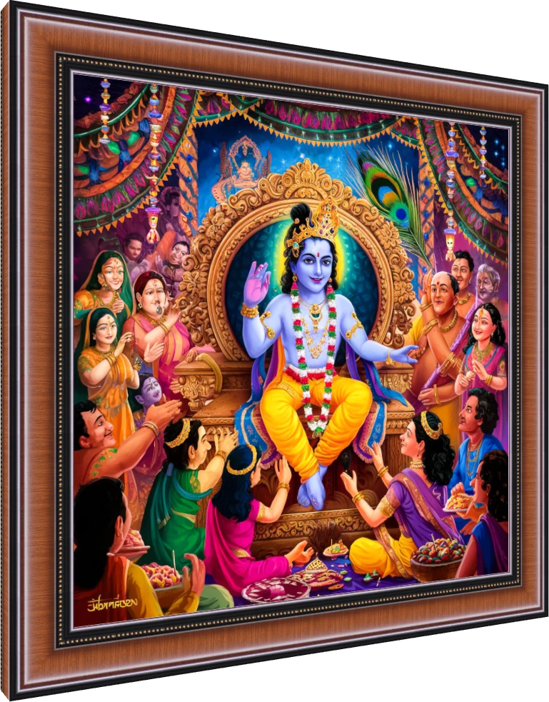 Vibrant painting of Lord Krishna seated on a golden throne, blessing surrounding devotees in Vrindavan. — photo frame preview | PrintPosters.in