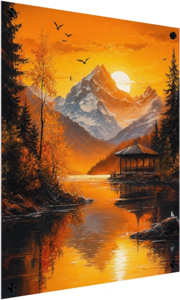 Vibrant Orange Mountain Lake Pavilion — acrylic preview | PrintPosters.in