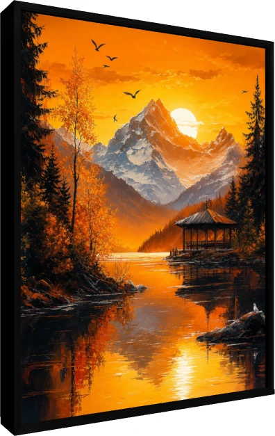 Vibrant Orange Mountain Lake Pavilion Canvas wall art print — floater frame preview | PrintPosters.in