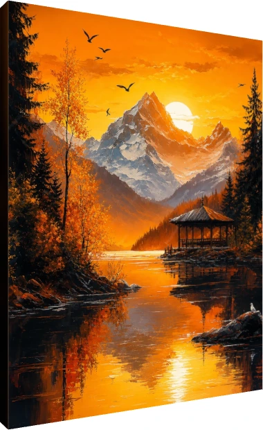 Vibrant Orange Mountain Lake Pavilion | PrintPosters.in