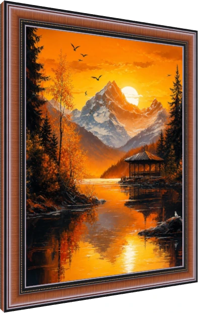 Vibrant Orange Mountain Lake Pavilion Canvas wall art print — photo frame preview | PrintPosters.in