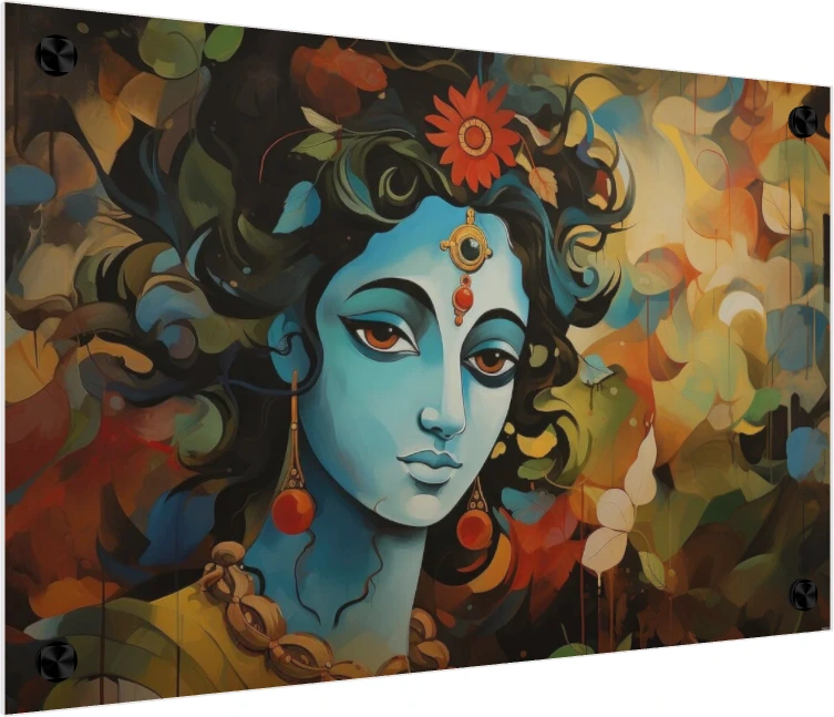 Vibrant Blue Krishna Portrait Canvas Print wall art print — acrylic preview | PrintPosters.in