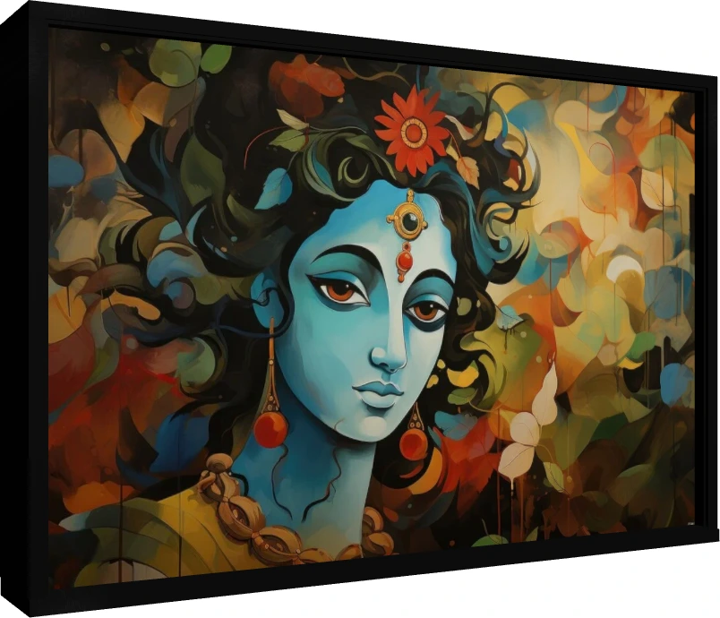 Vibrant Blue Krishna Portrait Canvas Print wall art print — floater frame preview | PrintPosters.in