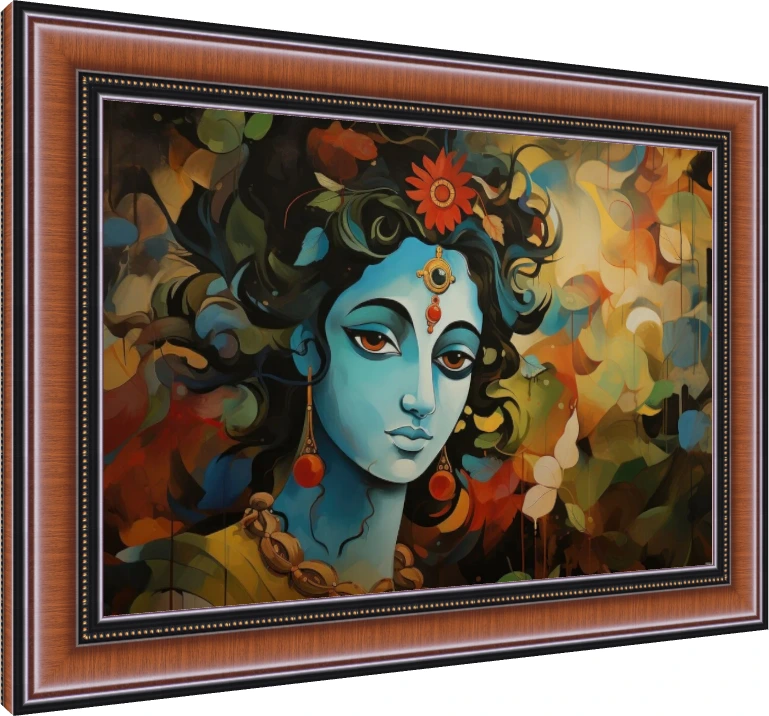 Vibrant Blue Krishna Portrait Canvas Print wall art print — photo frame preview | PrintPosters.in