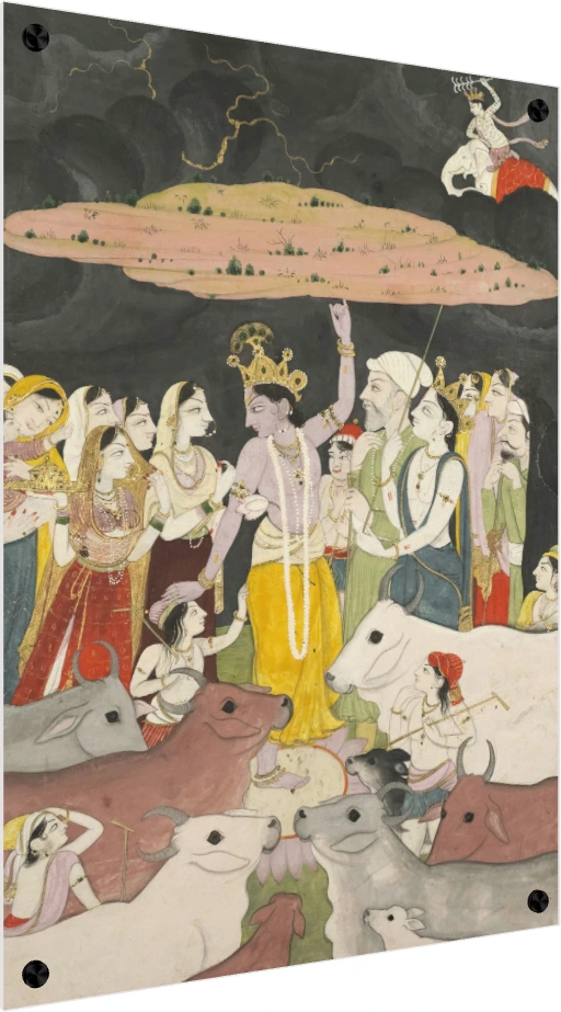 Krishna Lifting Mount Govardhan Canvas Print wall art print — acrylic preview | PrintPosters.in