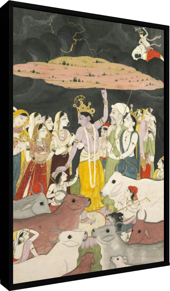 Krishna Lifting Mount Govardhan Canvas Print wall art print — floater frame preview | PrintPosters.in
