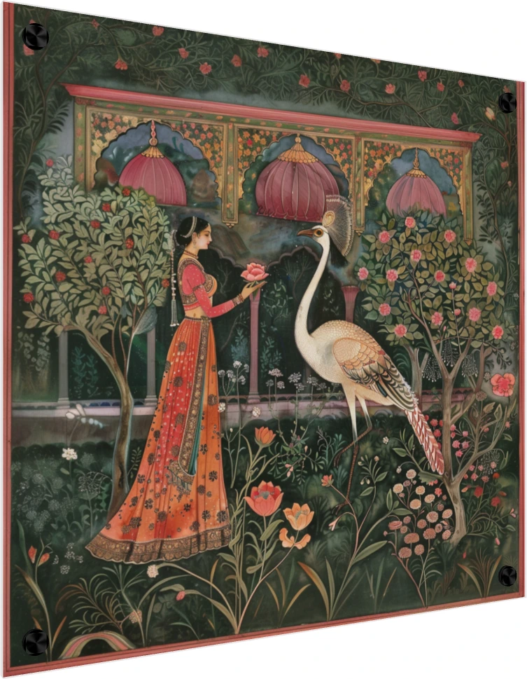A traditional Indian woman in a red and orange lehenga offers a lotus to a large white crane in a lush green garden. — acrylic preview | PrintPosters.in
