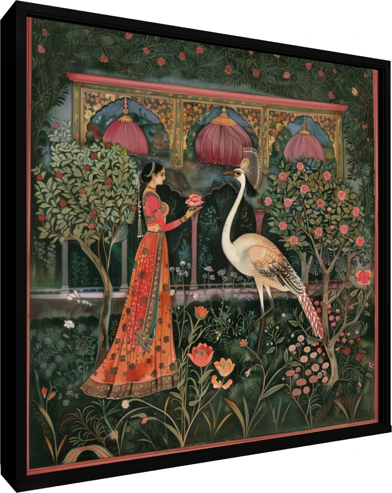 A traditional Indian woman in a red and orange lehenga offers a lotus to a large white crane in a lush green garden. — floater frame preview | PrintPosters.in