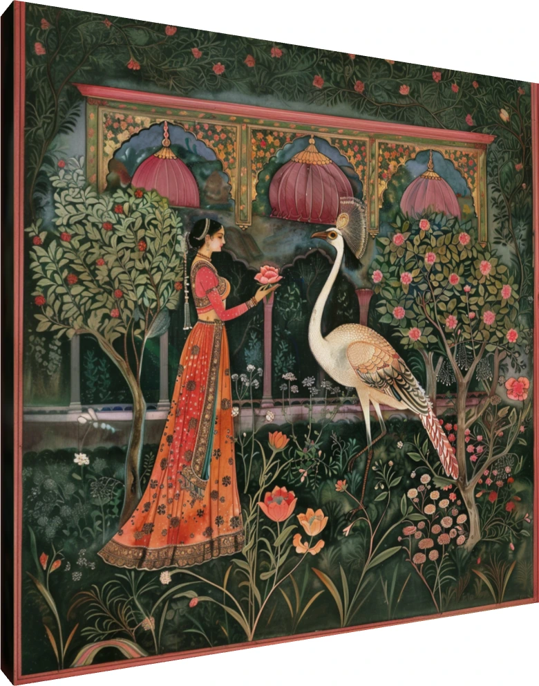 A traditional Indian woman in a red and orange lehenga offers a lotus to a large white crane in a lush green garden. | PrintPosters.in
