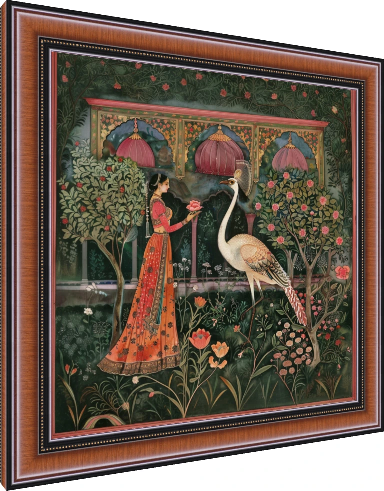 A traditional Indian woman in a red and orange lehenga offers a lotus to a large white crane in a lush green garden. — photo frame preview | PrintPosters.in