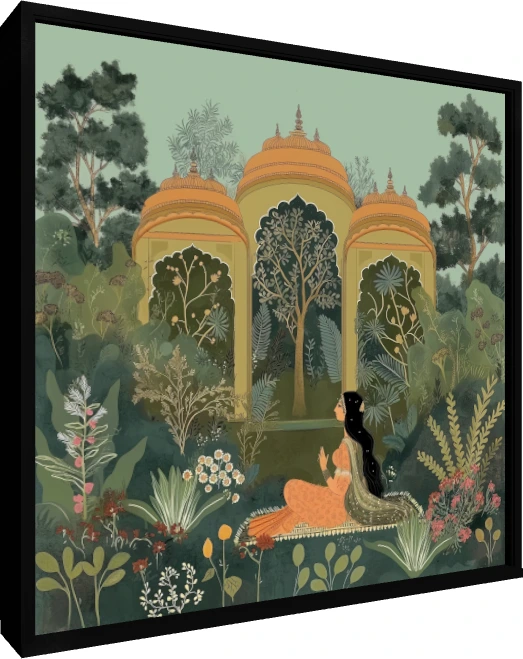 Woman and Dog in Botanical Garden wall art print — floater frame preview | PrintPosters.in