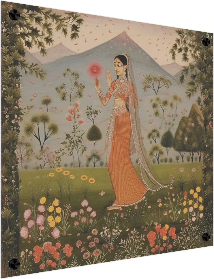 Kishangarh style Rajasthani miniature painting of a graceful woman in an orange dress holding a red flower in a meadow. — acrylic preview | PrintPosters.in