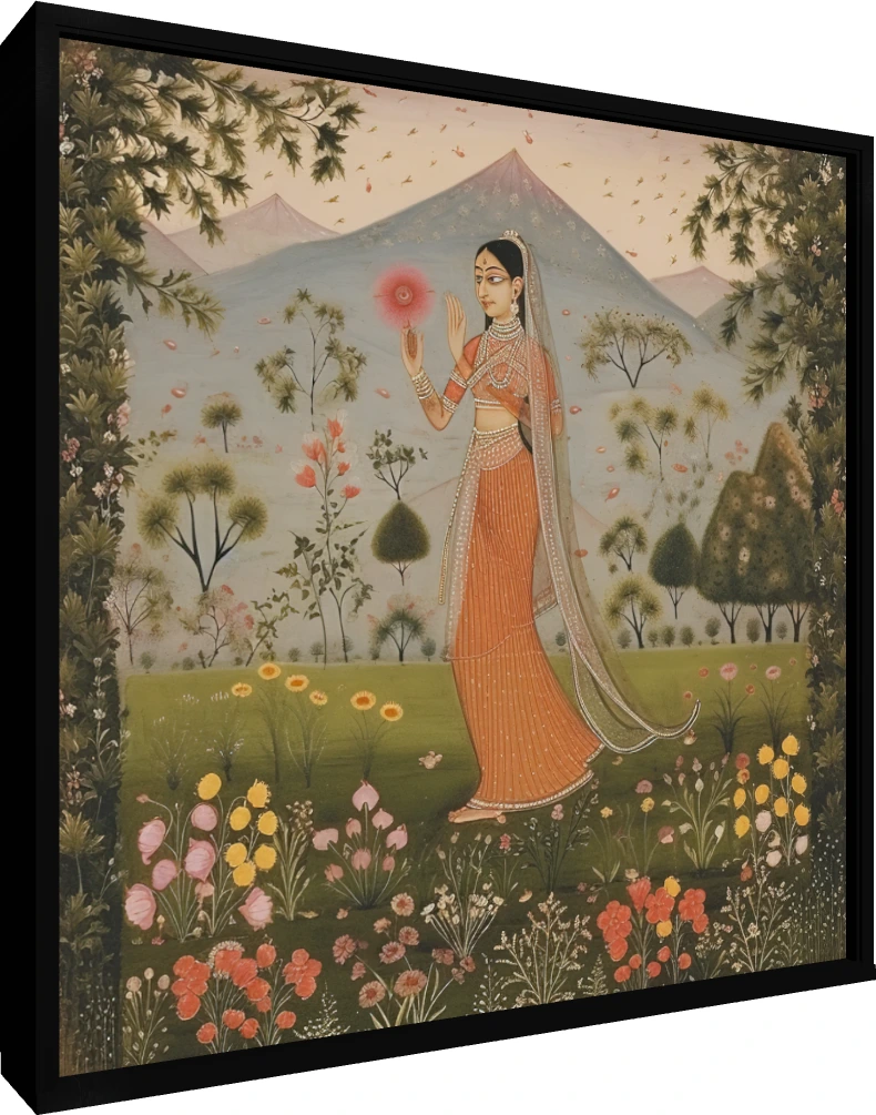 Kishangarh style Rajasthani miniature painting of a graceful woman in an orange dress holding a red flower in a meadow. — floater frame preview | PrintPosters.in