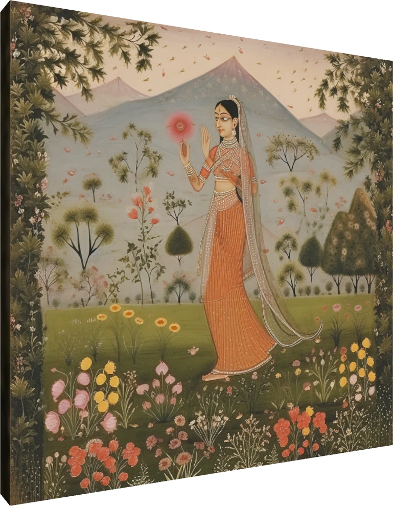 Kishangarh style Rajasthani miniature painting of a graceful woman in an orange dress holding a red flower in a meadow. | PrintPosters.in