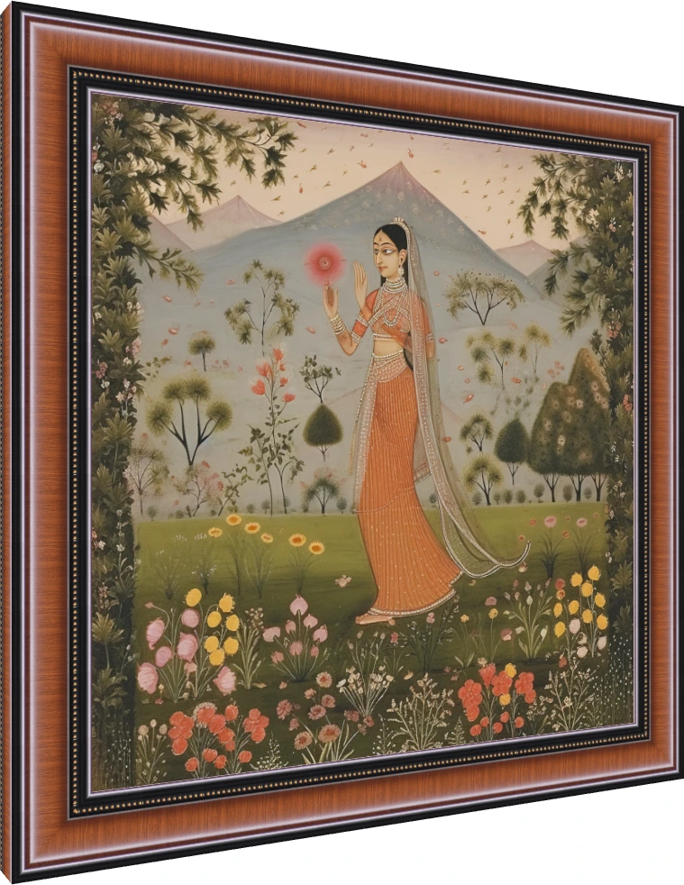 Kishangarh style Rajasthani miniature painting of a graceful woman in an orange dress holding a red flower in a meadow. — photo frame preview | PrintPosters.in