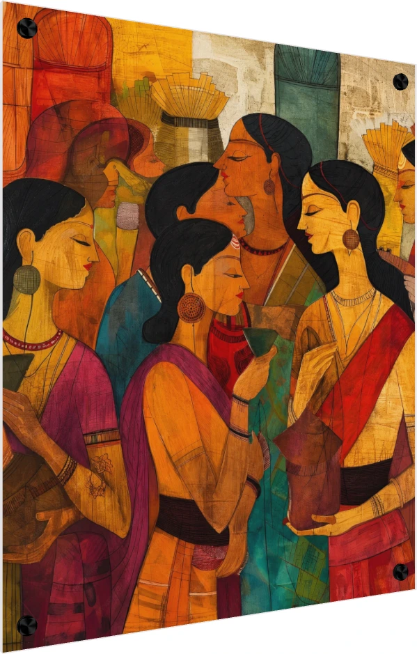 Stylized Indian Women Gathering Canvas Print wall art print — acrylic preview | PrintPosters.in