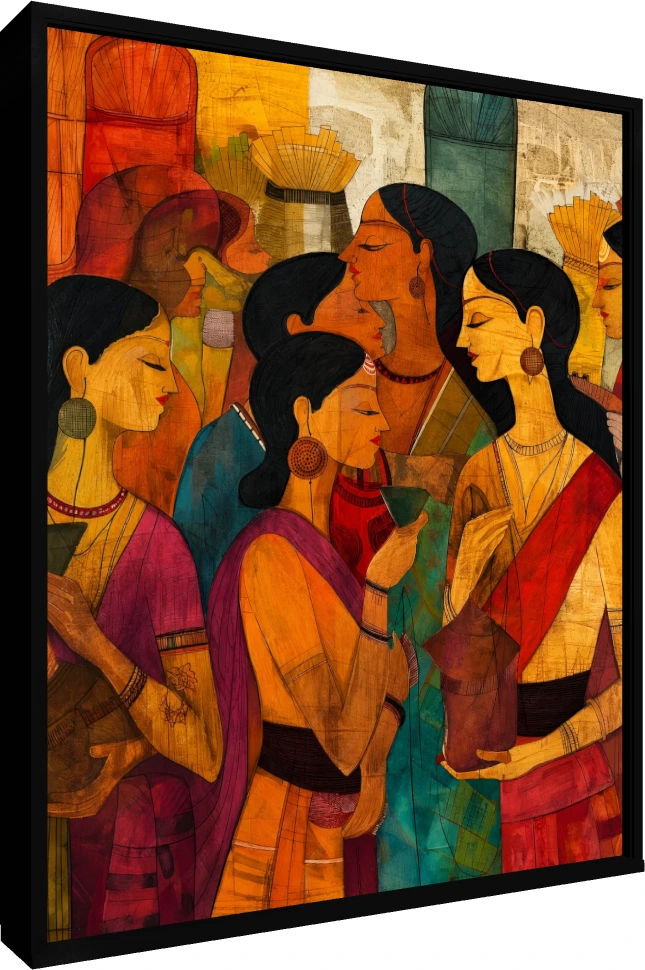 Stylized Indian Women Gathering Canvas Print wall art print — floater frame preview | PrintPosters.in
