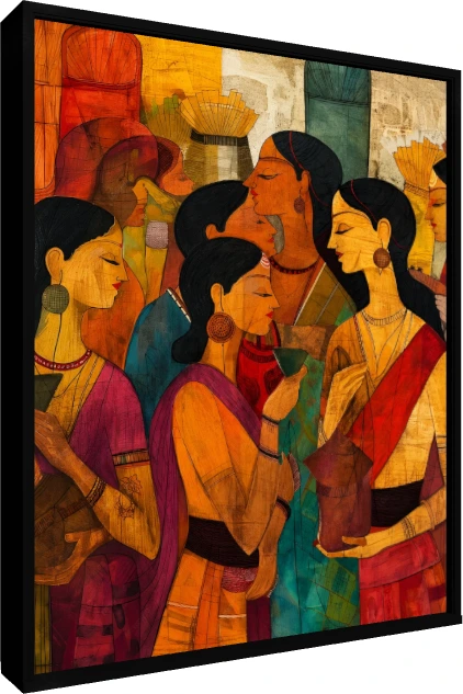 Stylized Indian Women Gathering Canvas Print wall art print — floater frame preview | PrintPosters.in