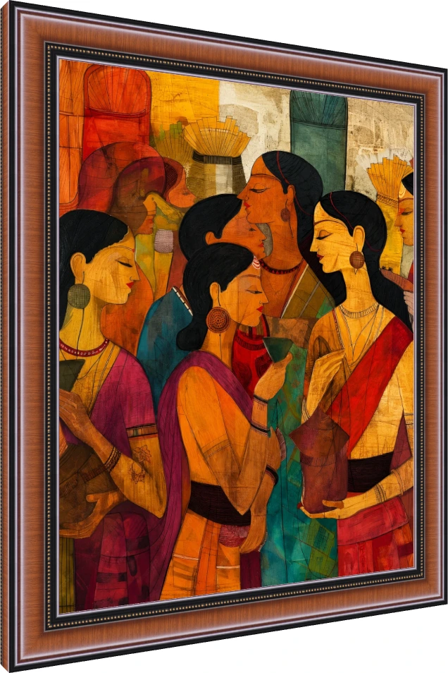 Stylized Indian Women Gathering Canvas Print wall art print — photo frame preview | PrintPosters.in