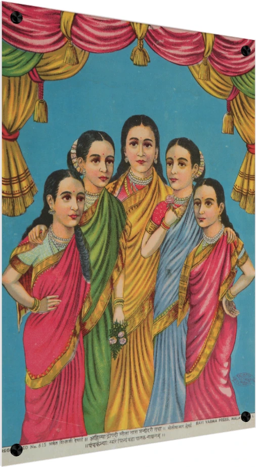 Panchakanya canvas print by Raja Ravi Varma showing five elegant women in traditional Indian sarees. — acrylic preview | PrintPosters.in